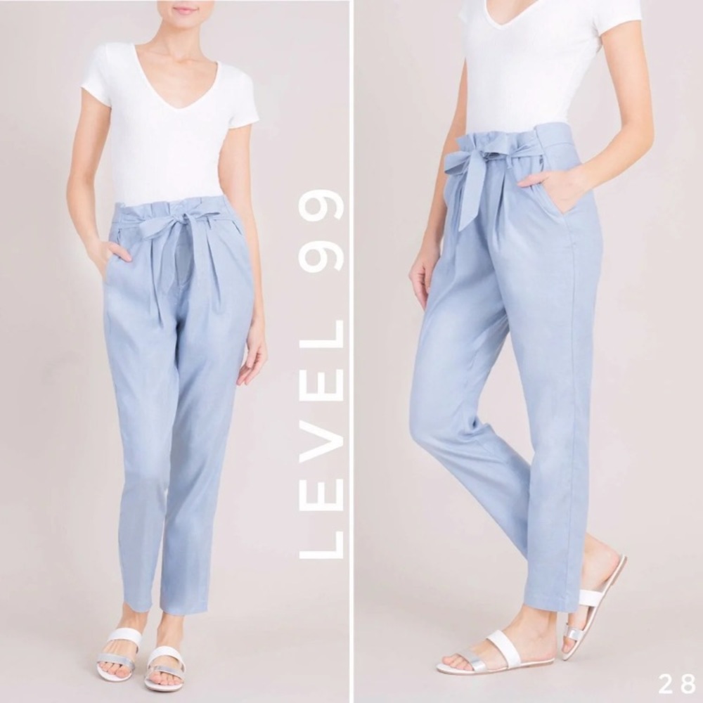🎯Level 99 Linen pleated slim trousers Paperbag High Rise Belt gray pants 28